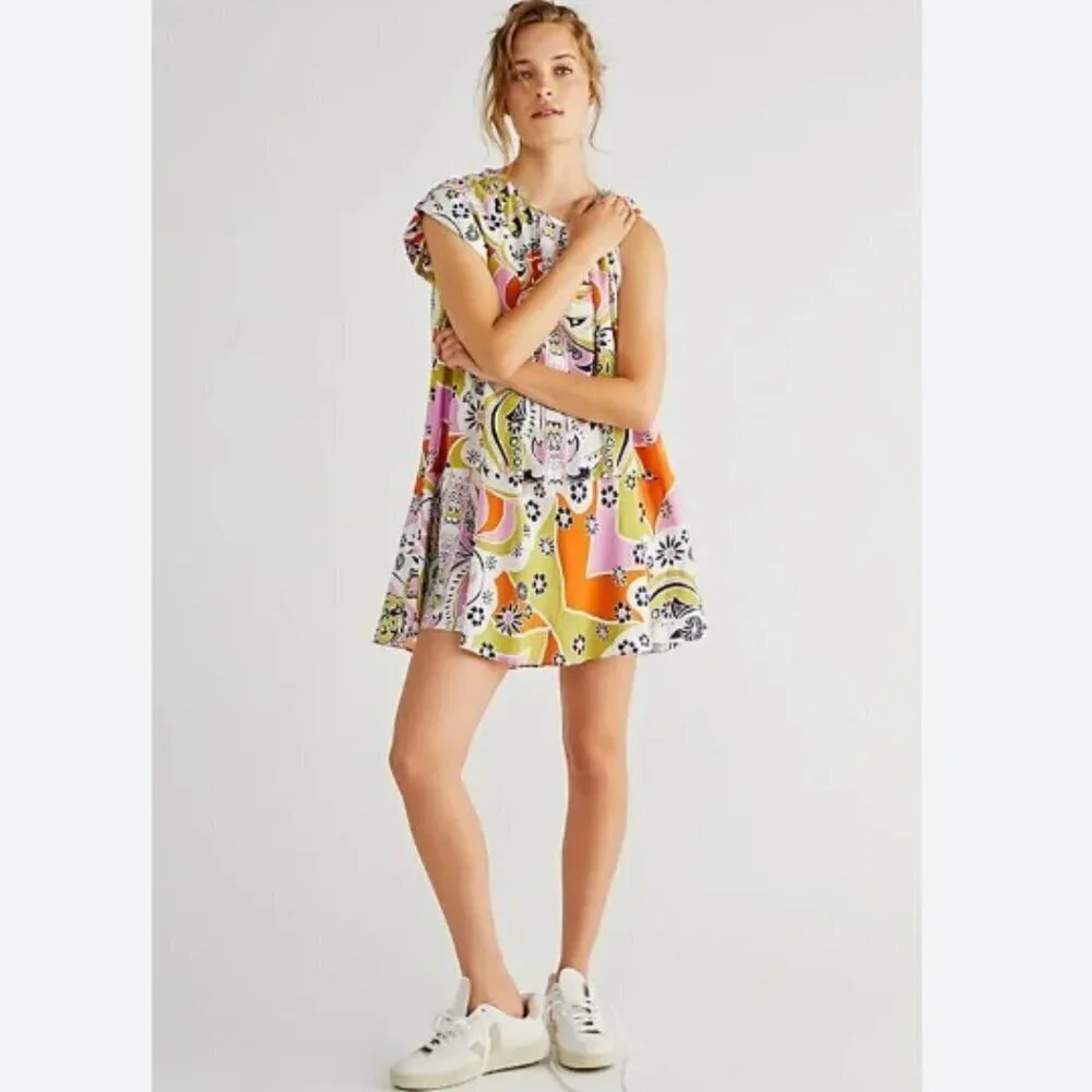 free people strawberry fields mini dress Free People SZ M. Babydoll Tunic Mini Dress Strawberry Fields White Boho Floral